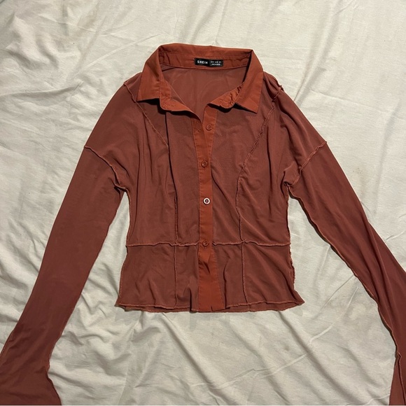 Rust Mesh button up long sleeve collared top | S | NEW never worn mint condition - Picture 3 of 3